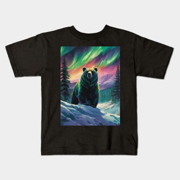 Brown Bear with Forest and Borealis, Colorful, Beautiful Kids T-Shirt by BirdsnStuff